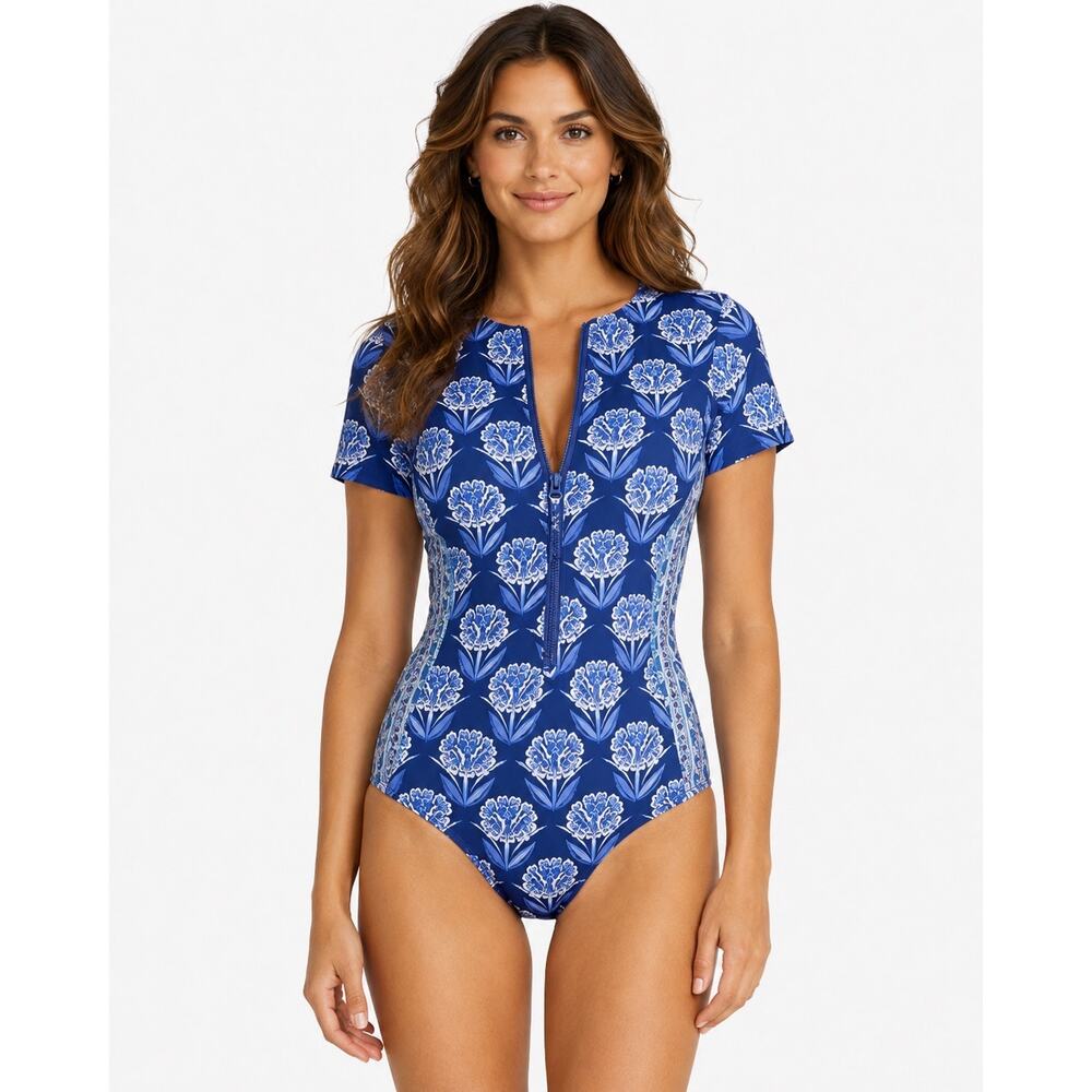 Johnny Was Indigo Floral Neoprene One Piece Swimsuit Boho XS UPF 50 Coastal